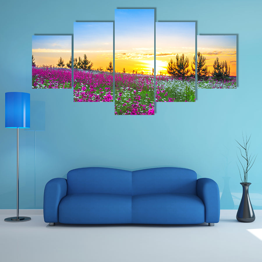 Flowers With The Sunrise And The Calmness Of The Morning, Multi Panel Canvas Wall Art