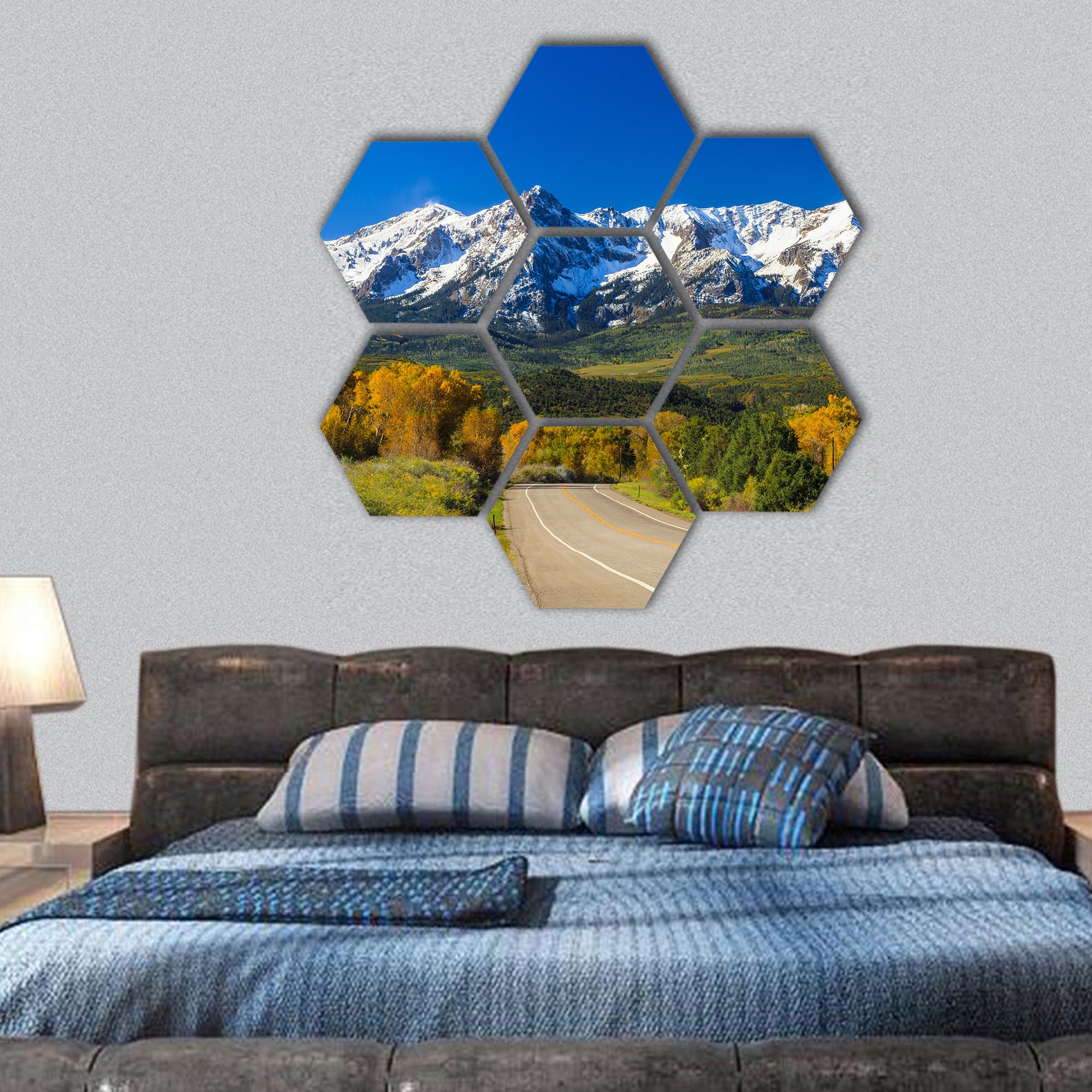 Countryside road, fall season in Colorado hexagonal canvas wall art