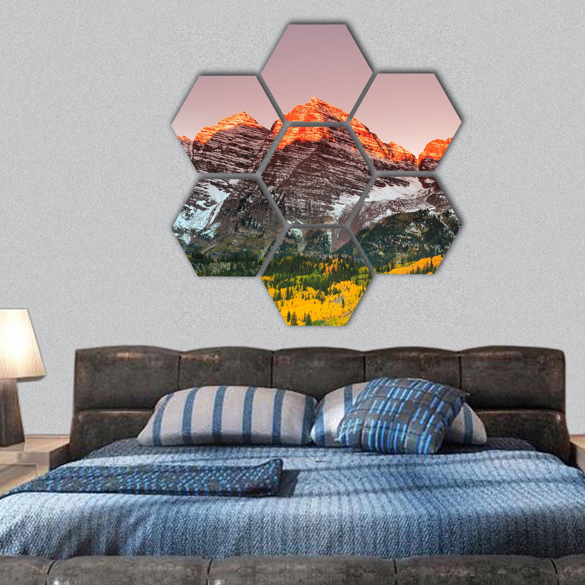 Maroon Bells sunrise, White River National Forest, Colorado hexagonal canvas wall art