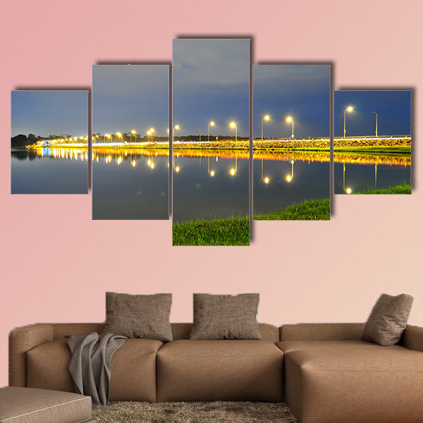 Lower Seletar Reservoir surrounded by green grass, road  Multi panel canvas wall art