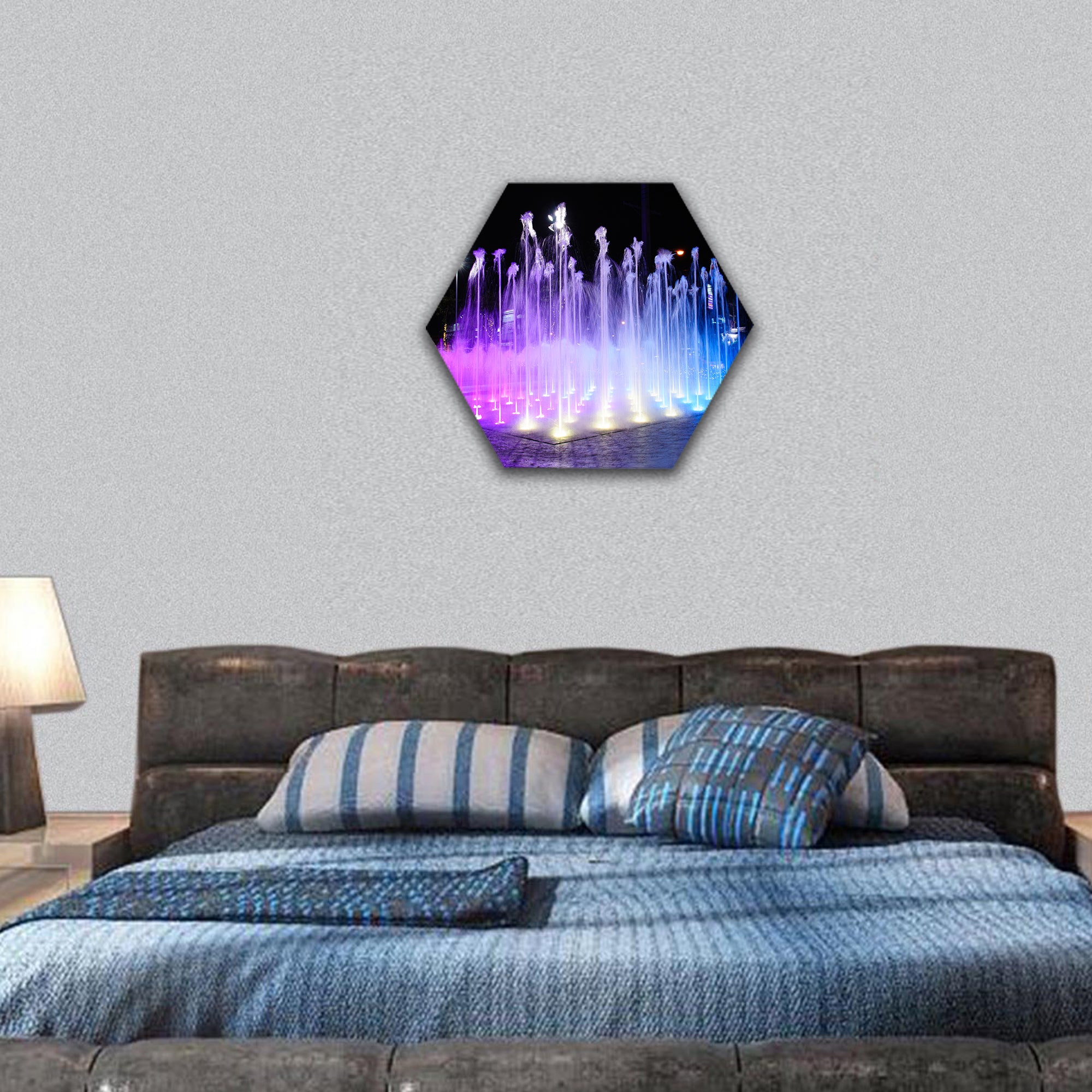 Night Musical fountains hexagonal canvas wall art
