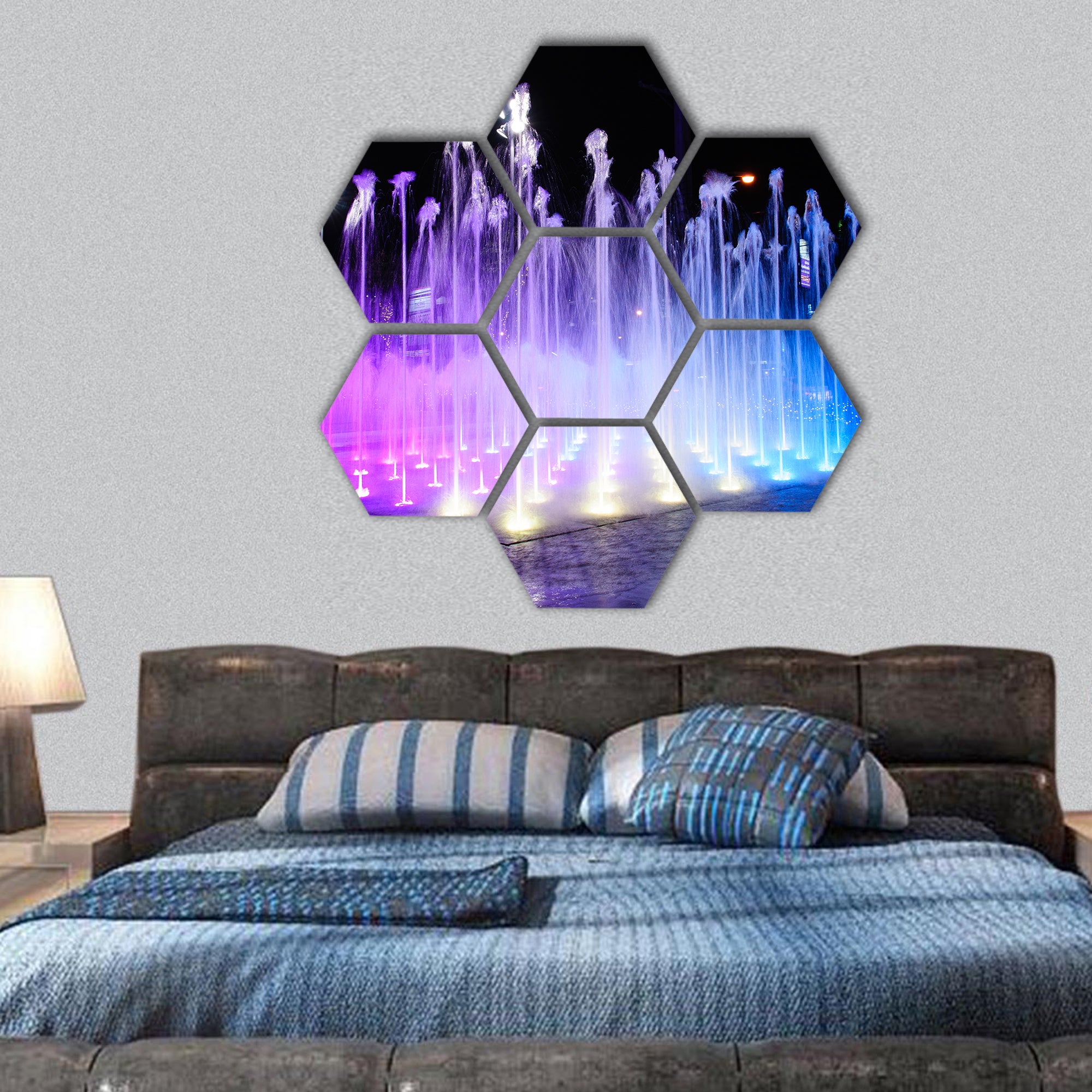 Night Musical fountains hexagonal canvas wall art