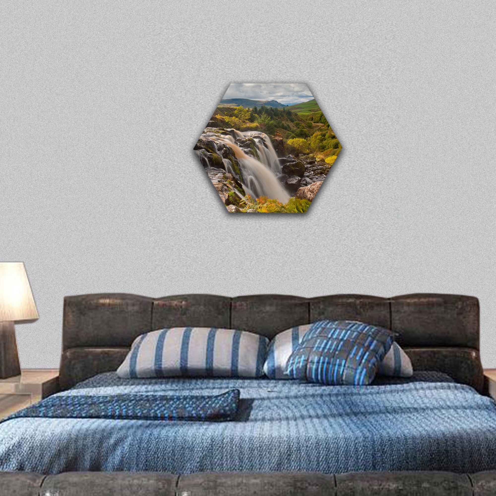 Fintry waterfall north of Glasgow Scotland hexagonal canvas wall art