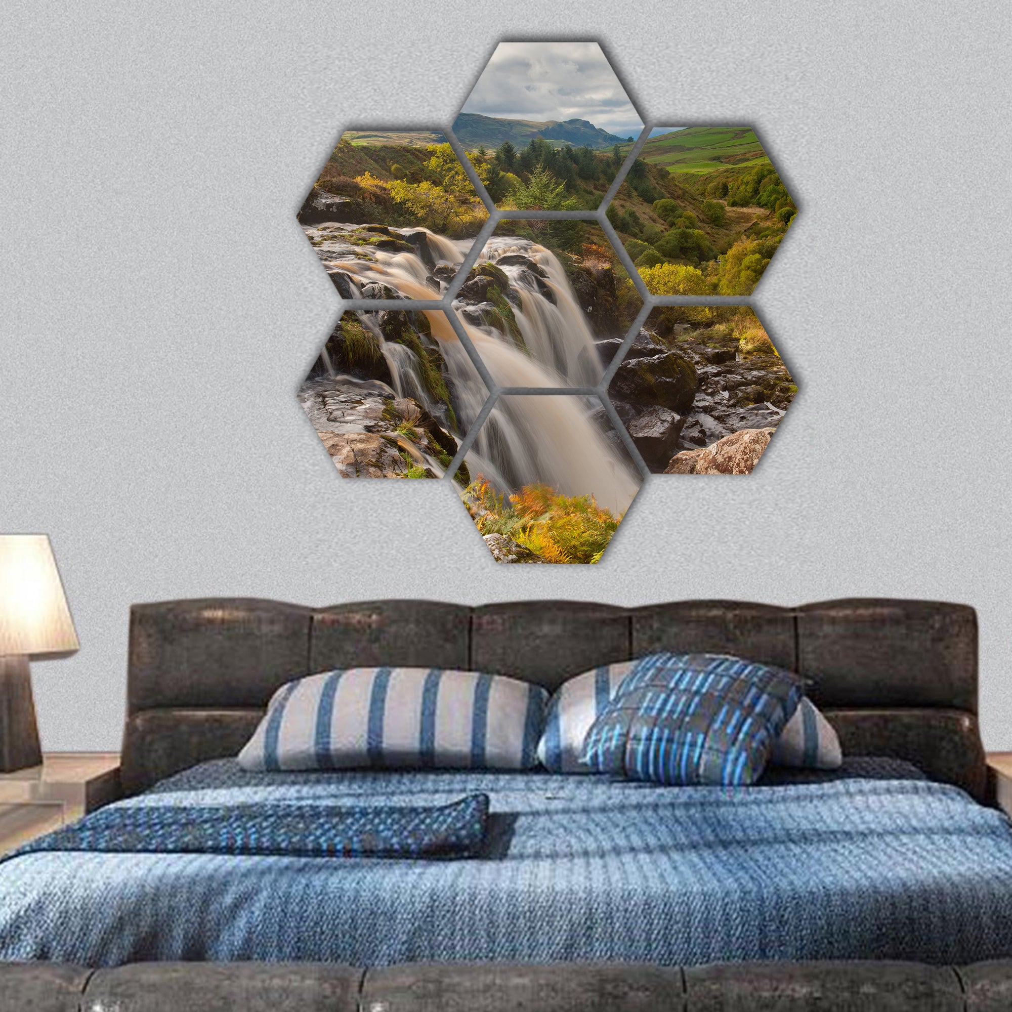 Fintry waterfall north of Glasgow Scotland hexagonal canvas wall art