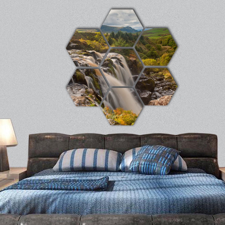 Fintry waterfall north of Glasgow Scotland hexagonal canvas wall art