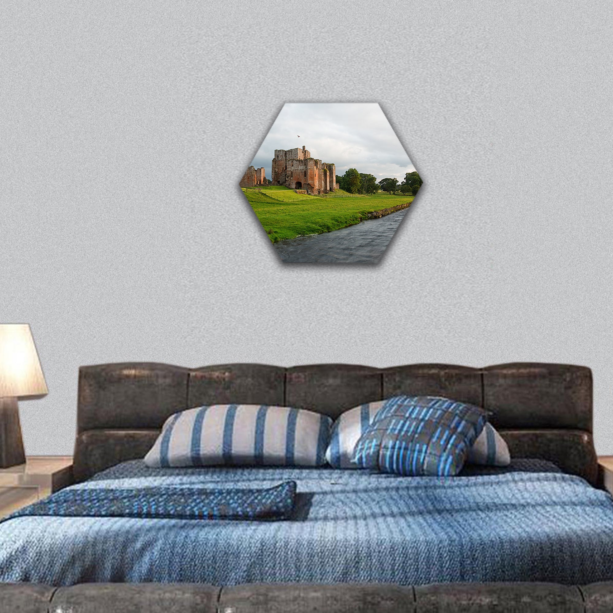 Brougham Castle next to the river in Cumbria hexagonal canvas wall art