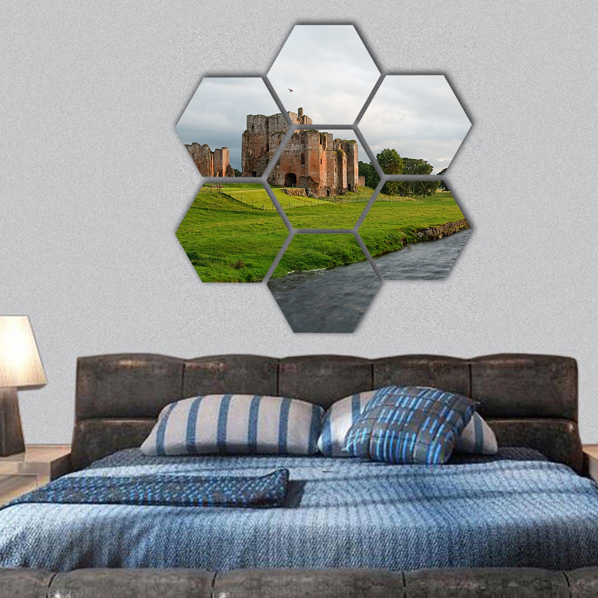 Brougham Castle next to the river in Cumbria hexagonal canvas wall art