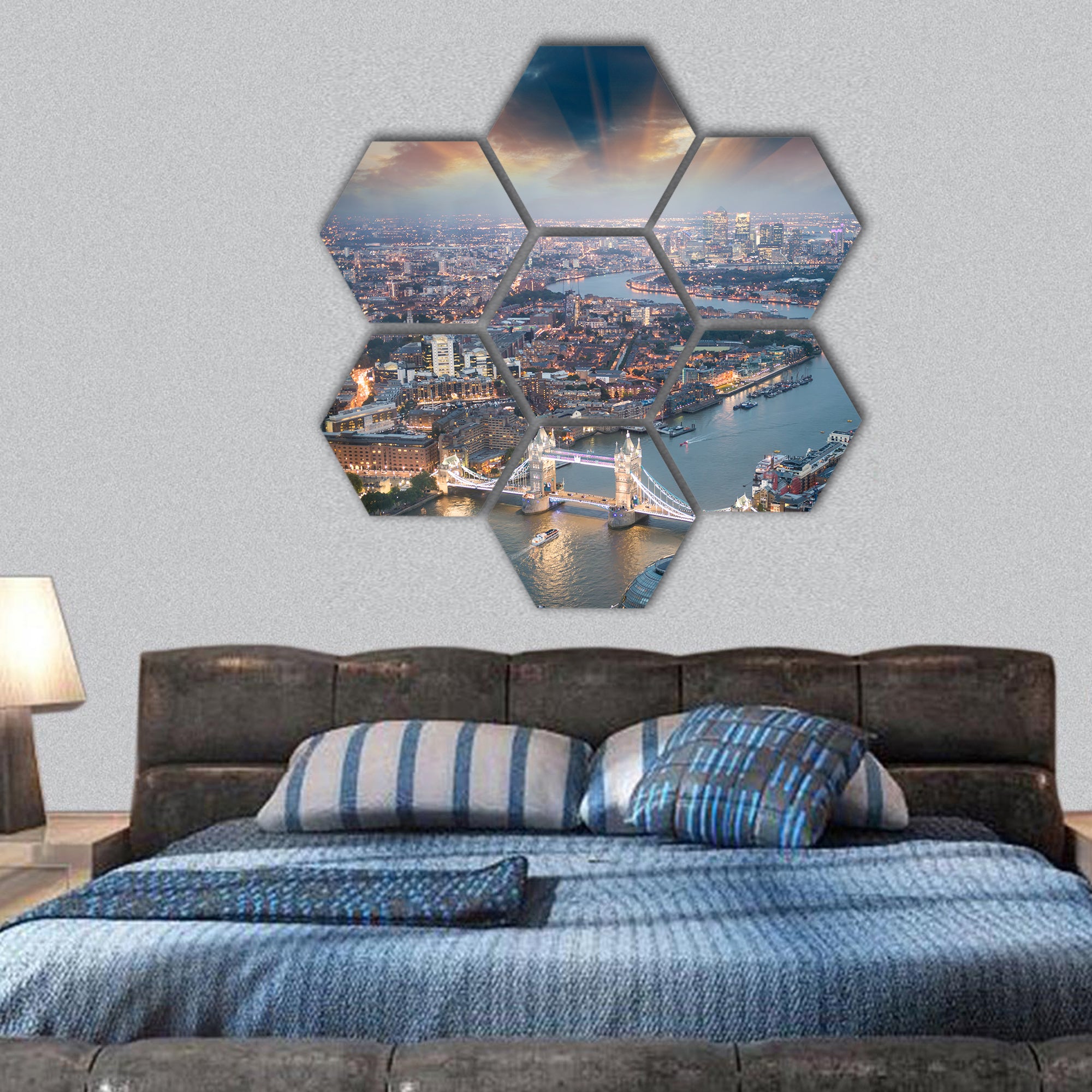 Tower Bridge at dusk with beautiful city skyline London hexagonal canvas wall art