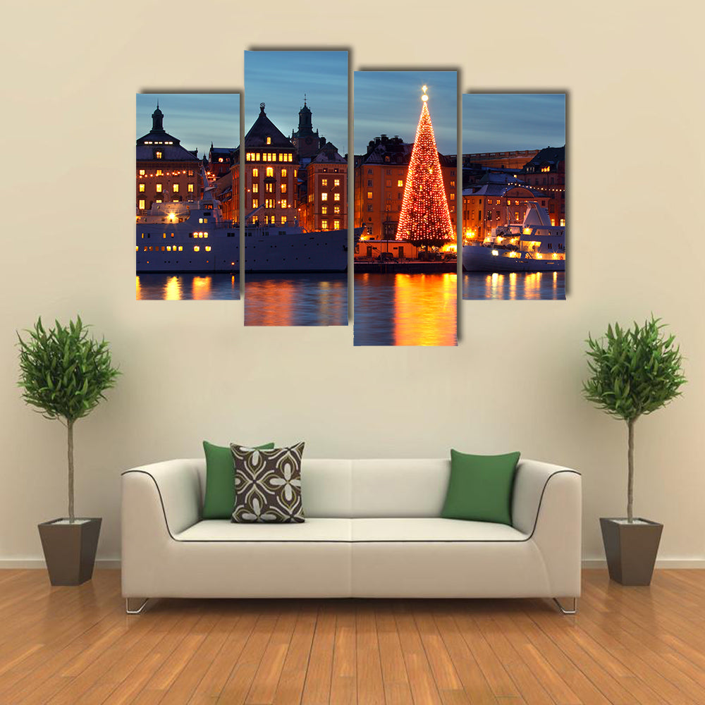 Stockholm’s old city with Christmas tree Multi Panel Canvas Wall Art
