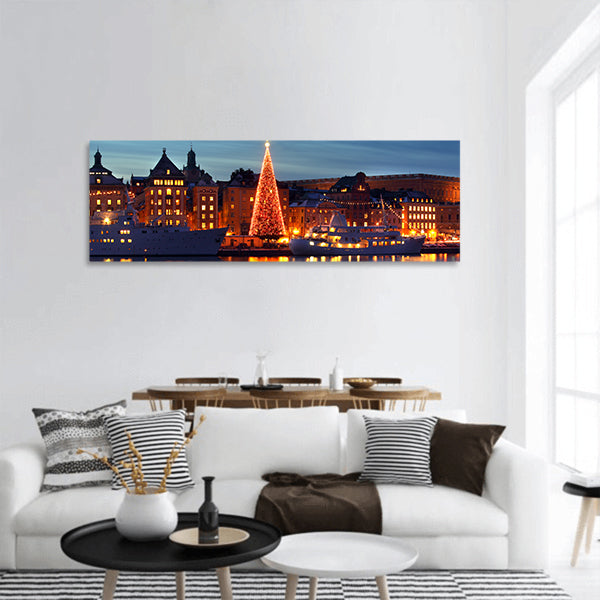 Stockholms old city with christmas tree Panoramic Canvas Wall Art