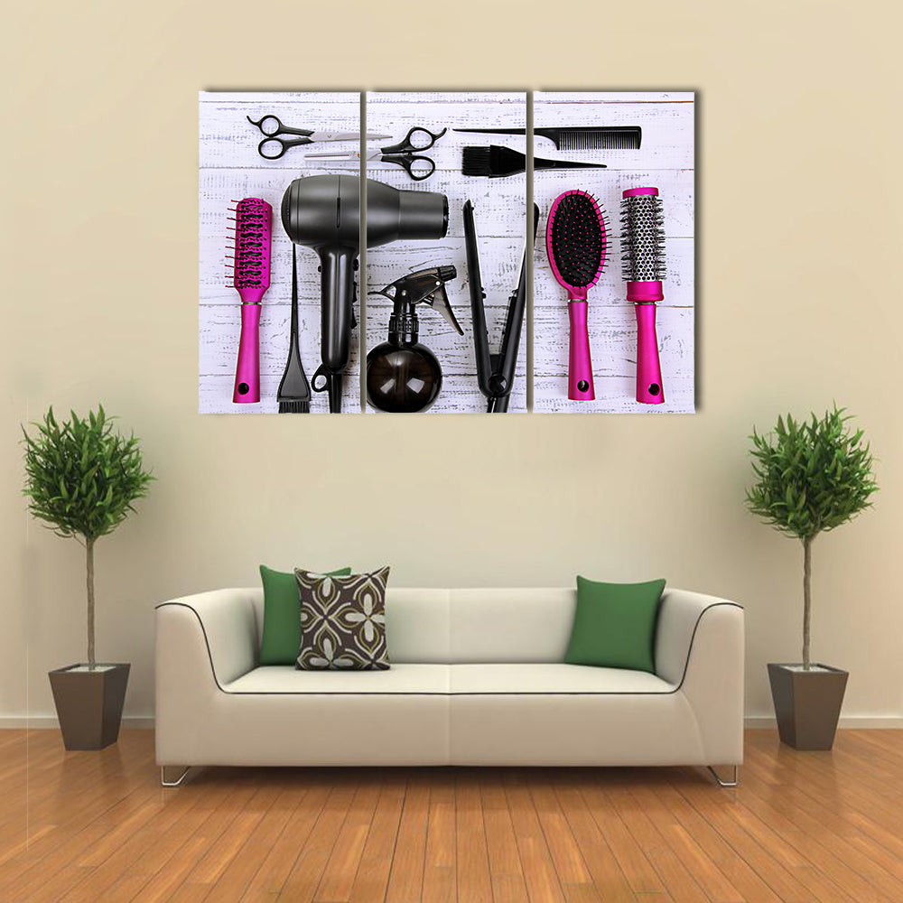 Hairdressing Tools on White Wooden Table Close-up Multi Panel Canvas Wall Art