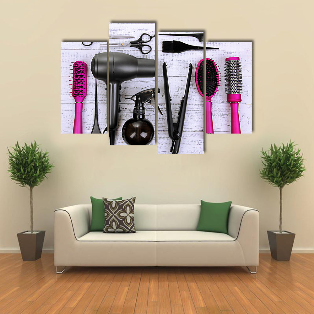 Hairdressing Tools on White Wooden Table Close-up Multi Panel Canvas Wall Art