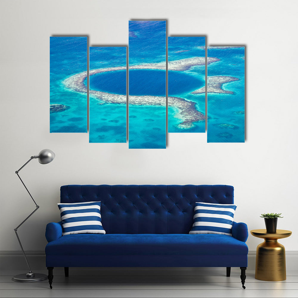 Aerial view of the great blue hole of the coast of Belize Multi panel canvas wall art