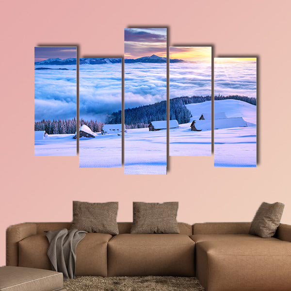Colorful winter morning in the mountains Mountain valley Pozharska, multi panel canvas wall art