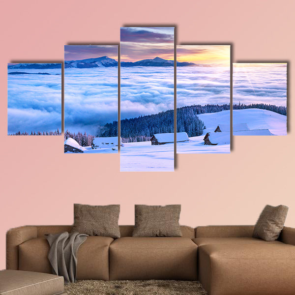 Colorful winter morning in the mountains Mountain valley Pozharska, multi panel canvas wall art