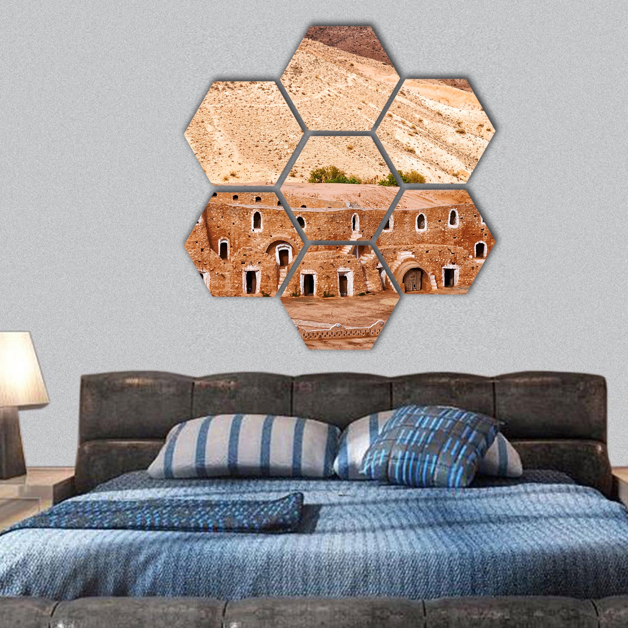 Berber dwelling in rocks, Matmata, Tunisia hexagonal canvas wall art