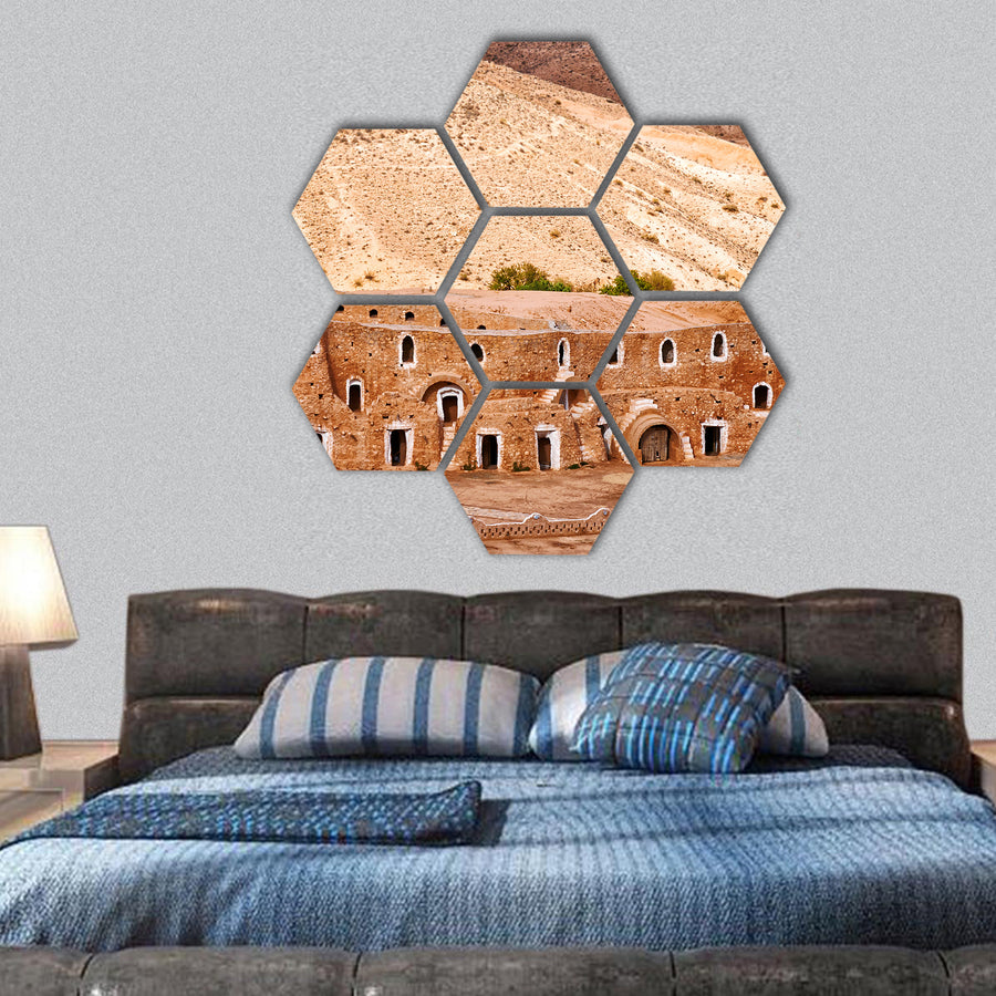 Berber dwelling in rocks, Matmata, Tunisia hexagonal canvas wall art