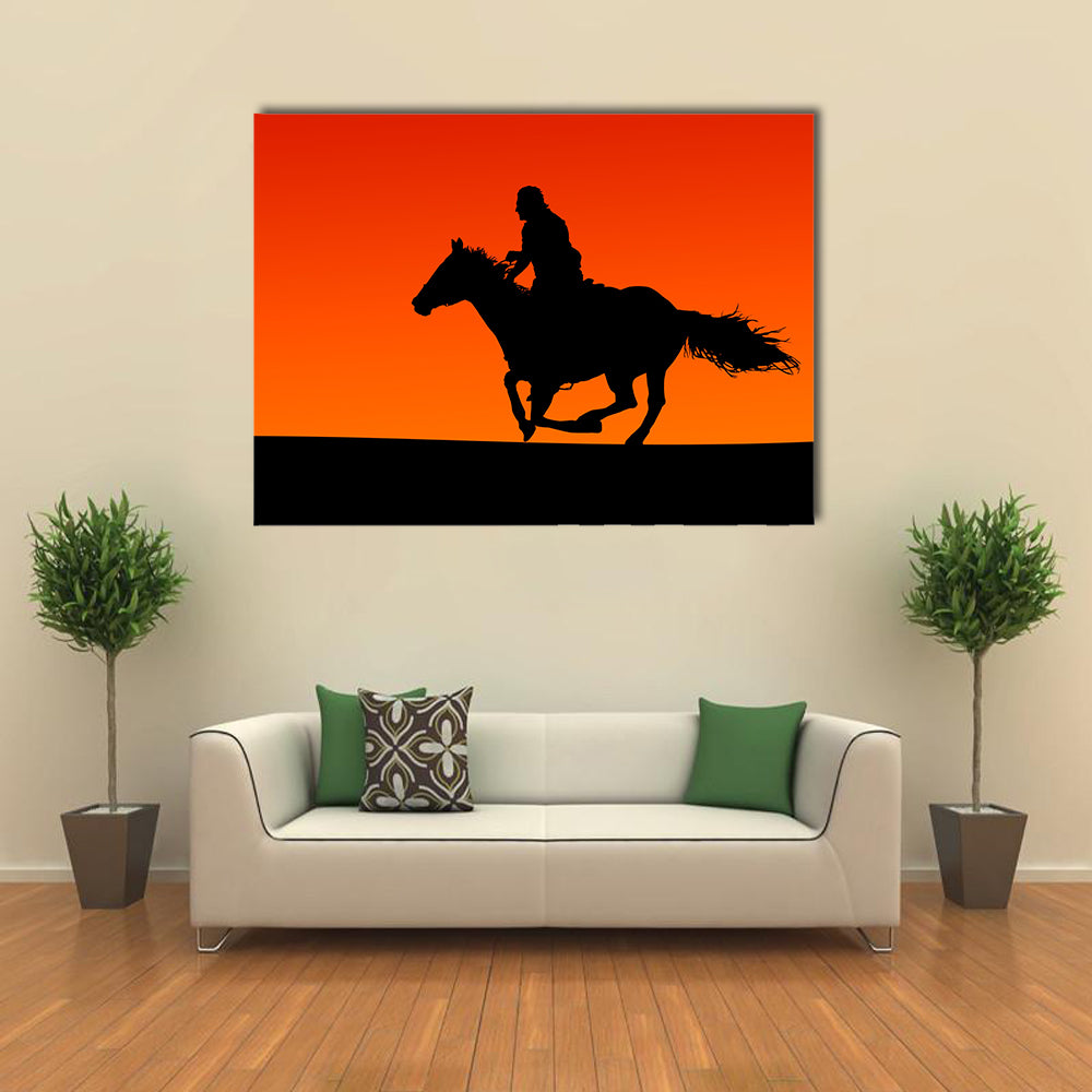 Silhouette of a Horse and Rider at Sunset. Multi Panel Canvas Wall Art