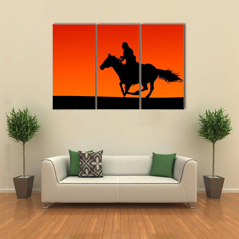 Silhouette of a Horse and Rider at Sunset. Multi Panel Canvas Wall Art