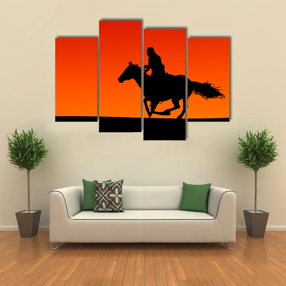Silhouette of a Horse and Rider at Sunset. Multi Panel Canvas Wall Art