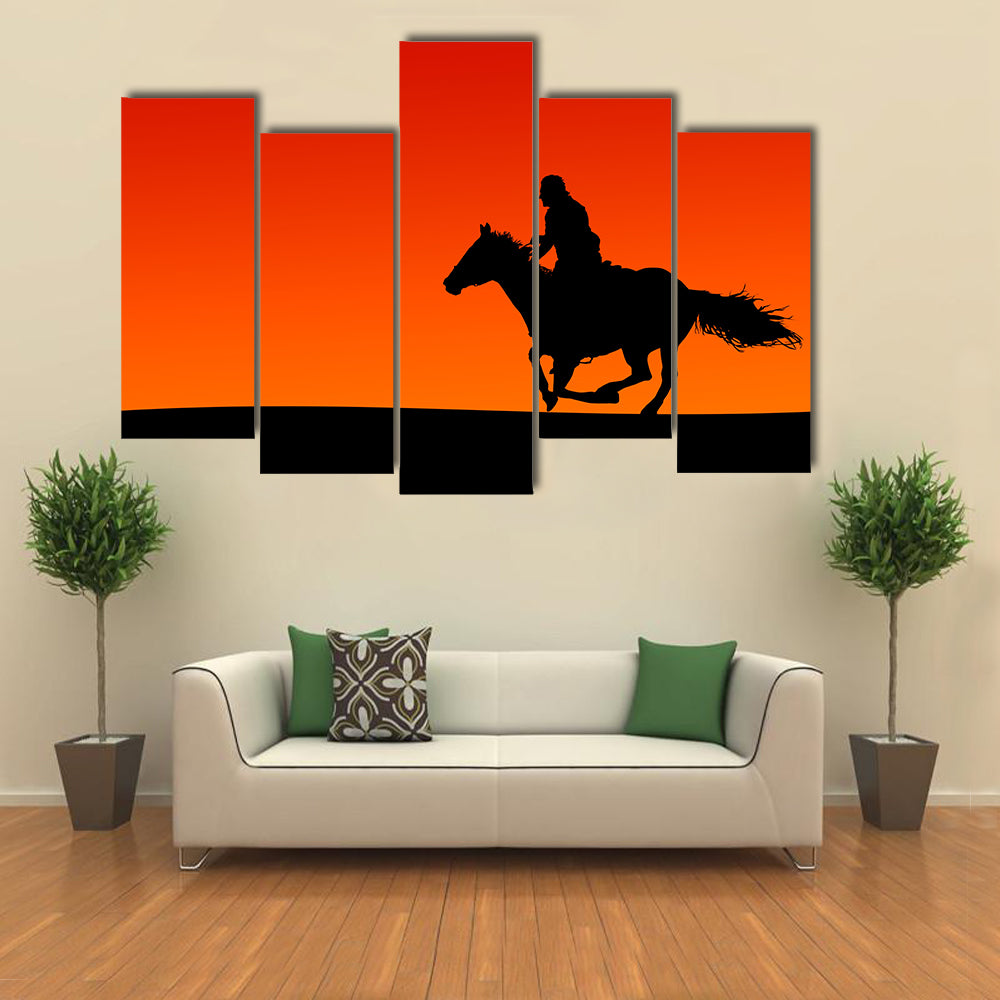 Silhouette of a Horse and Rider at Sunset. Multi Panel Canvas Wall Art