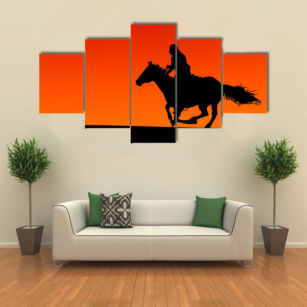 Silhouette of a Horse and Rider at Sunset. Multi Panel Canvas Wall Art