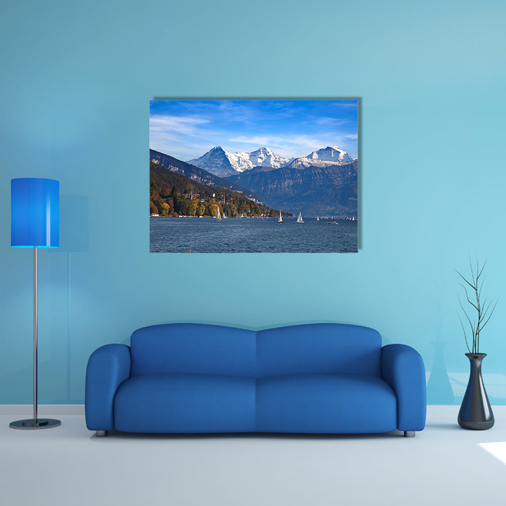 The Lake Thun with Jungfrau mountain range near Oberhofen, Switzerland Multi Panel Canvas Wall Art