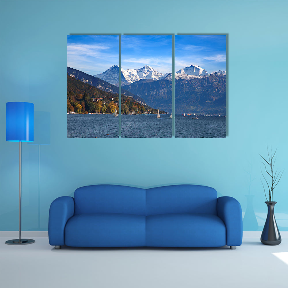 The Lake Thun with Jungfrau mountain range near Oberhofen, Switzerland Multi Panel Canvas Wall Art