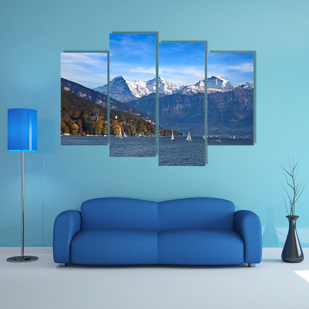 The Lake Thun with Jungfrau mountain range near Oberhofen, Switzerland Multi Panel Canvas Wall Art