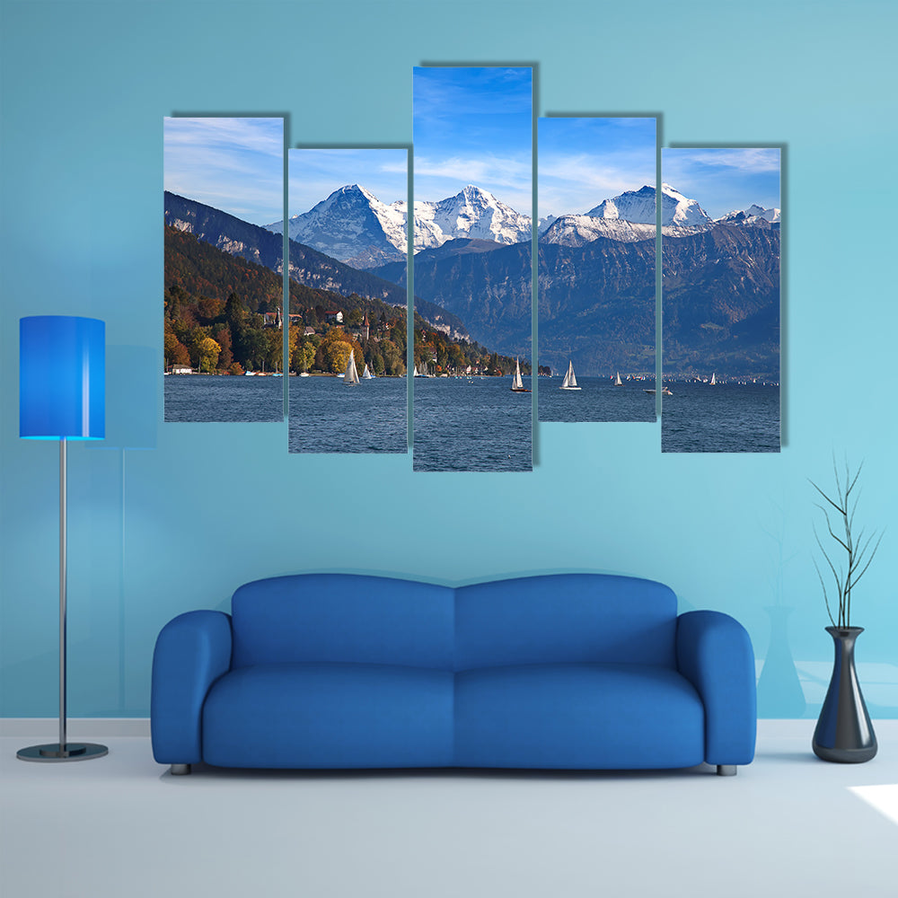 The Lake Thun with Jungfrau mountain range near Oberhofen, Switzerland Multi Panel Canvas Wall Art