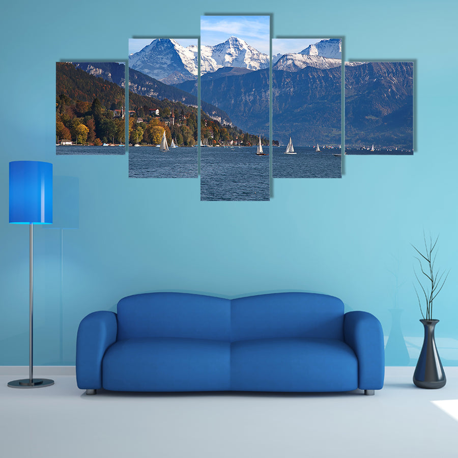 The Lake Thun with Jungfrau mountain range near Oberhofen, Switzerland Multi Panel Canvas Wall Art