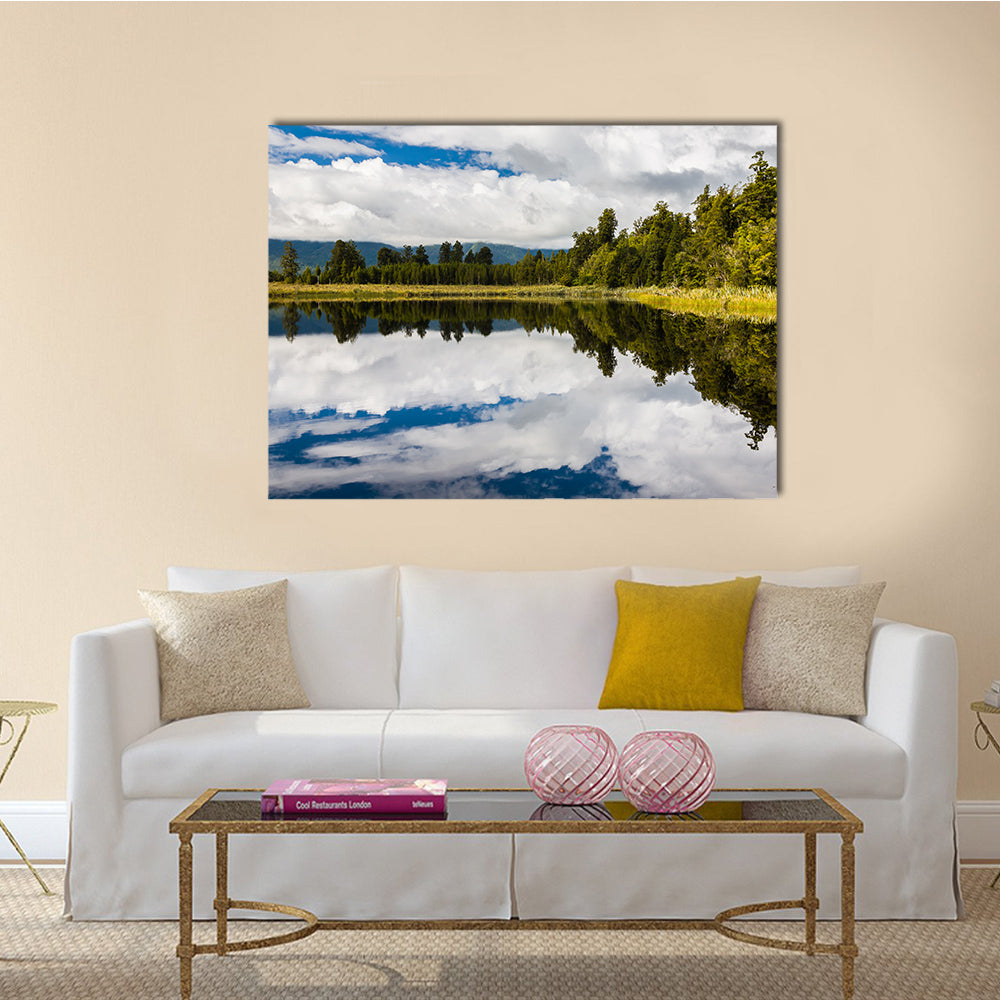 The dramatic reflections on Lake Matheson near Fox Glacier South Island New Zealand multi panel canvas wall art