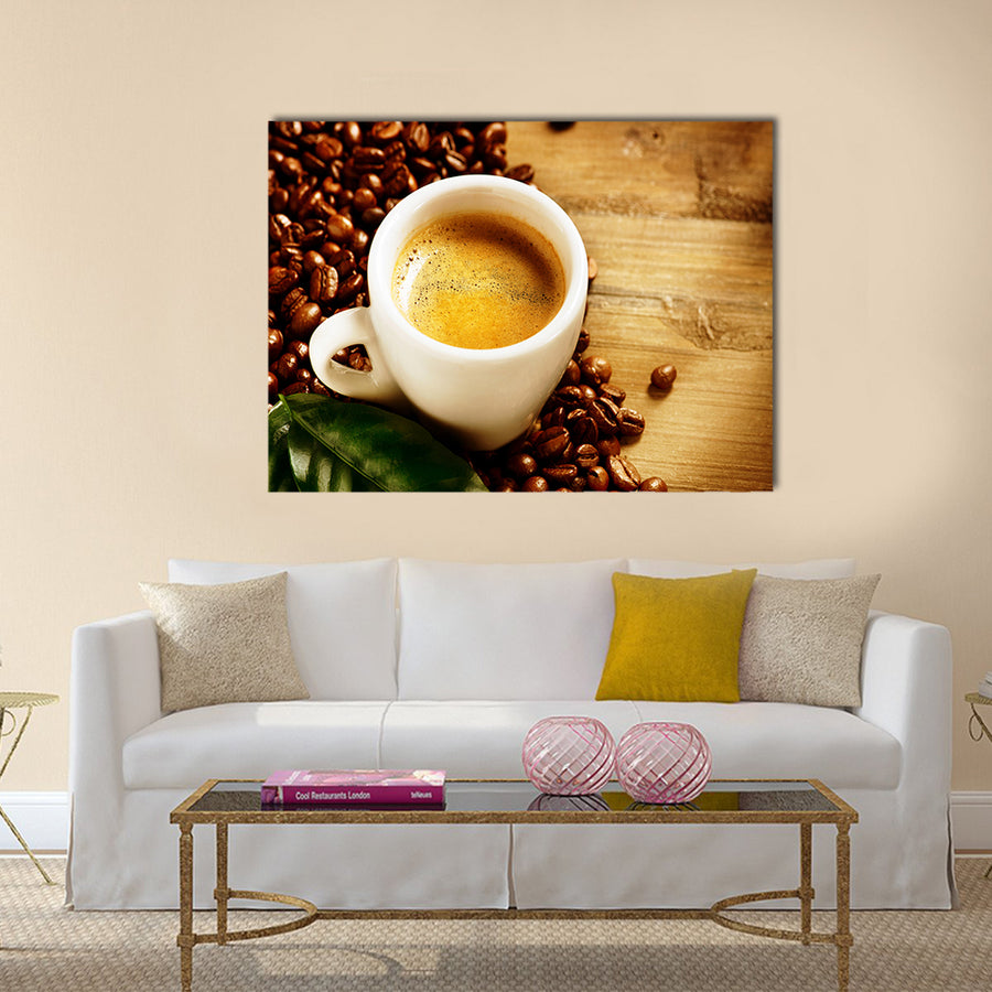 Coffee Espresso Cup Of Coffee with Beans and Green Leaf Multi Panel Canvas Wall Art