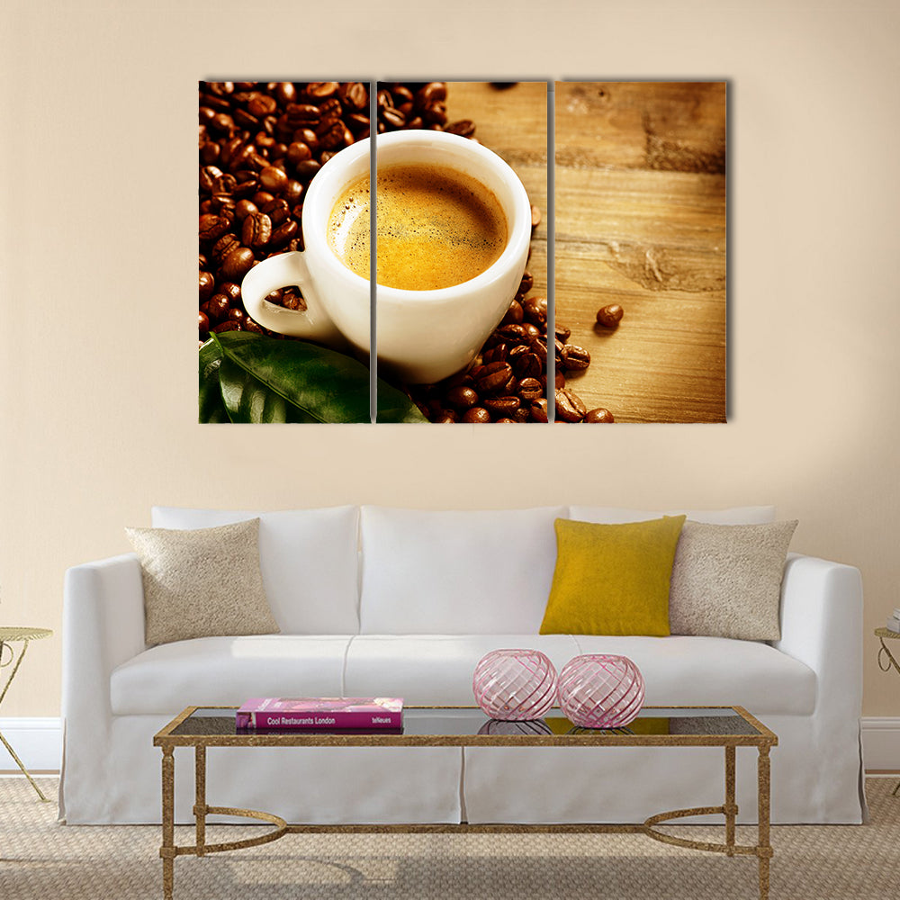 Coffee Espresso Cup Of Coffee with Beans and Green Leaf Multi Panel Canvas Wall Art