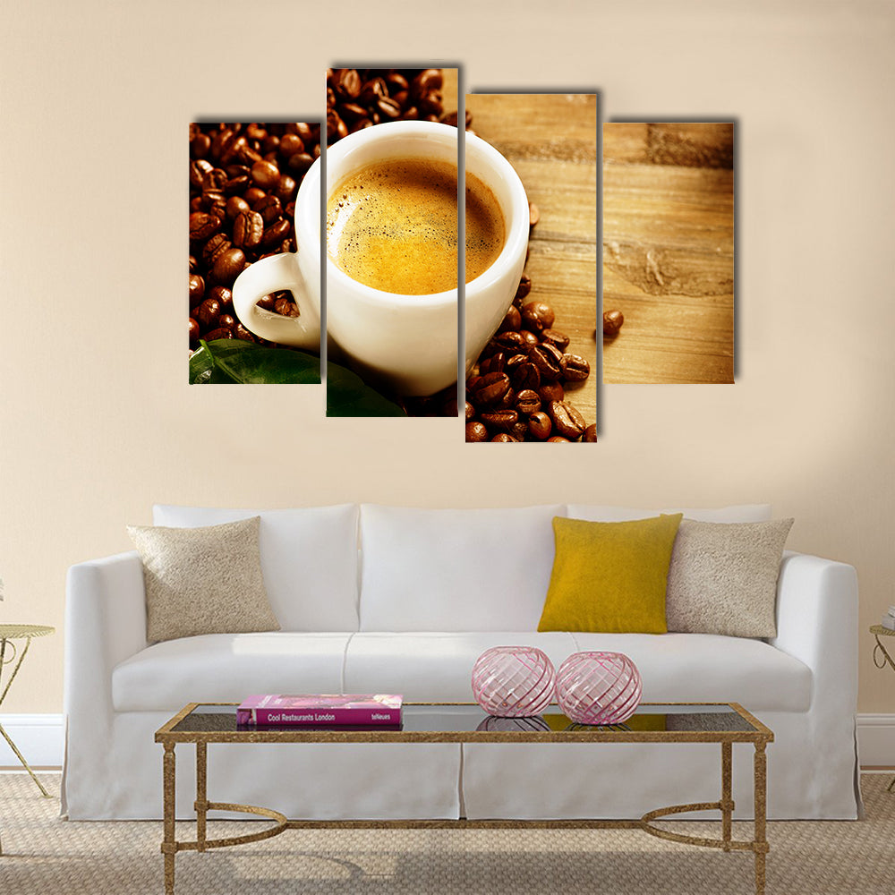 Coffee Espresso Cup Of Coffee with Beans and Green Leaf Multi Panel Canvas Wall Art
