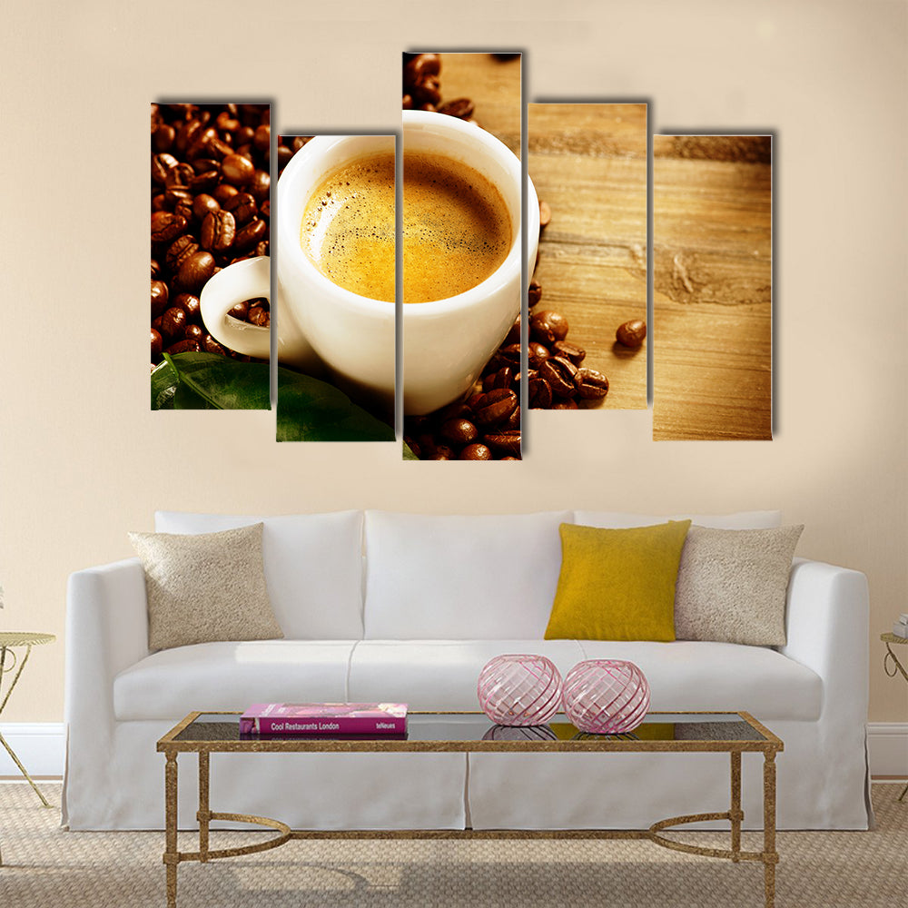 Coffee Espresso Cup Of Coffee with Beans and Green Leaf Multi Panel Canvas Wall Art