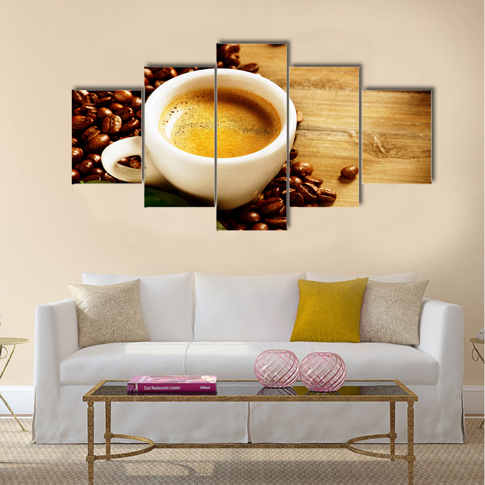 Coffee Espresso Cup Of Coffee with Beans and Green Leaf Multi Panel Canvas Wall Art