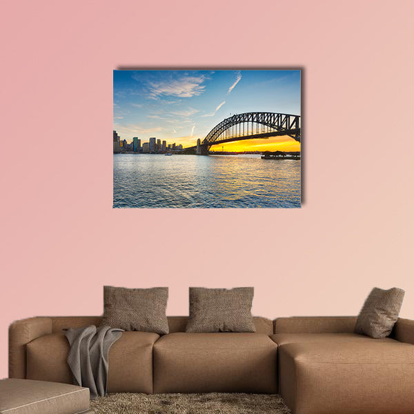 Dramatic widescreen panoramic image of the city of Sydney at sunset  Multi panel canvas wall art