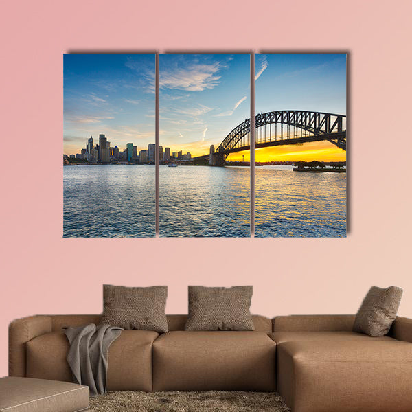 Dramatic widescreen panoramic image of the city of Sydney at sunset  Multi panel canvas wall art