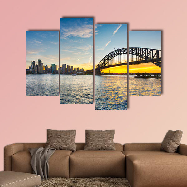 Dramatic widescreen panoramic image of the city of Sydney at sunset  Multi panel canvas wall art