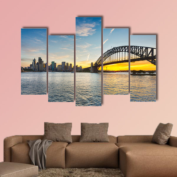 Dramatic widescreen panoramic image of the city of Sydney at sunset  Multi panel canvas wall art