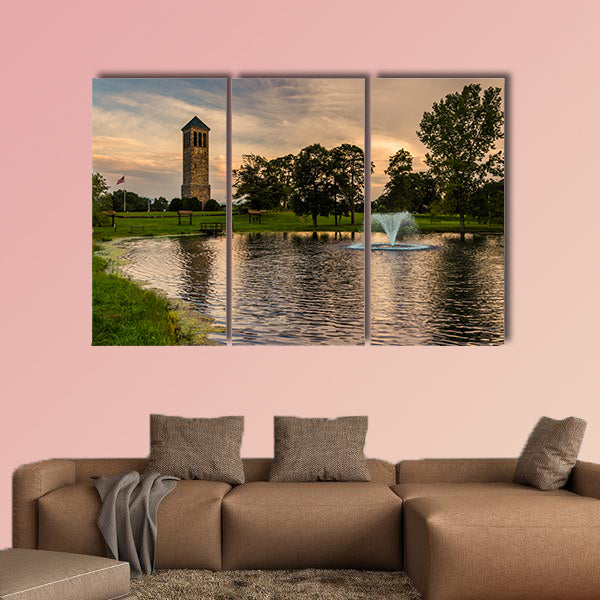 The singing tower and a pond in Carillon Park, Luray, Virginia multi panel canvas wall art