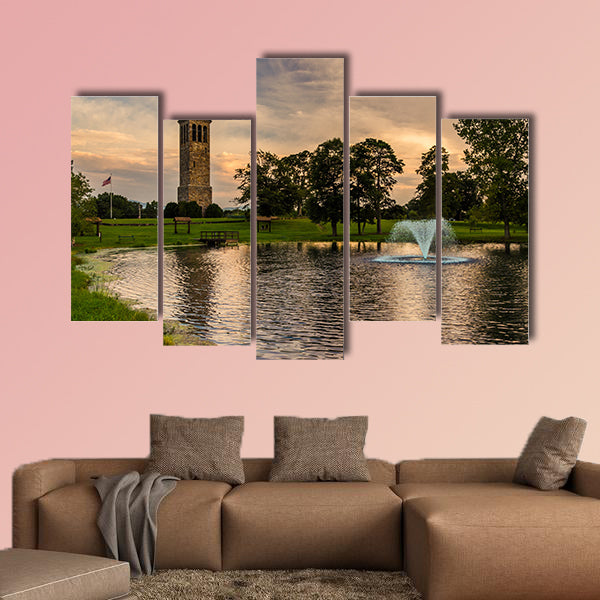 The singing tower and a pond in Carillon Park, Luray, Virginia multi panel canvas wall art