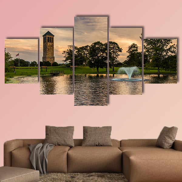 The singing tower and a pond in Carillon Park, Luray, Virginia multi panel canvas wall art
