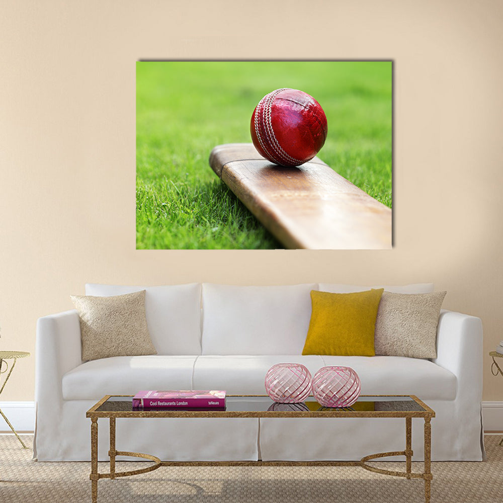 cricket bat on green grass of cricket pitch Multi panel canvas Wall art