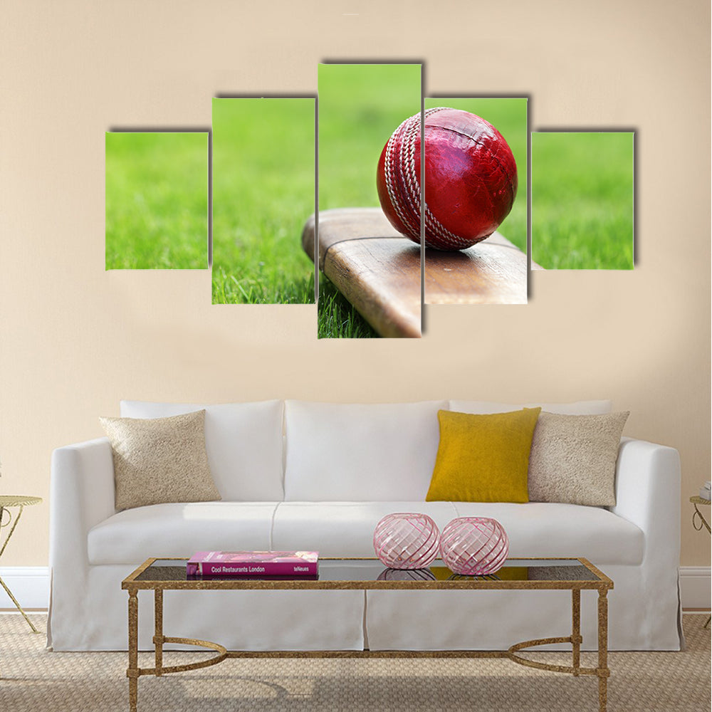 cricket bat on green grass of cricket pitch Multi panel canvas Wall art