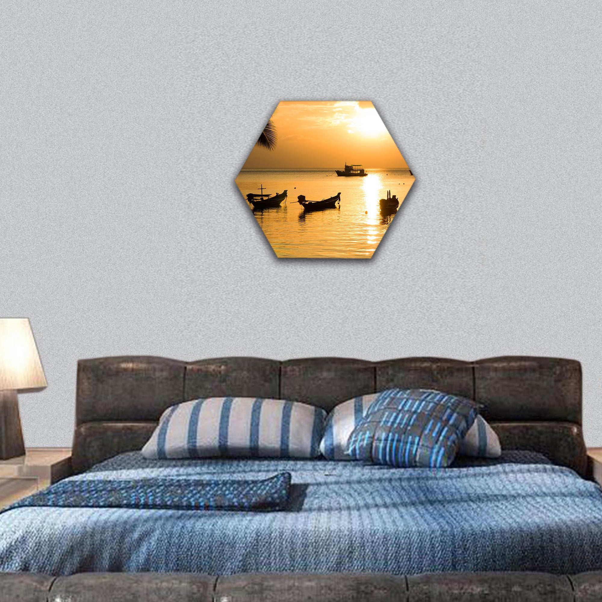 Sunset with palm on tropical beach Thailand hexagonal canvas wall art