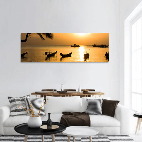 Sunset with palm on tropical beach Thailand panoramic canvas wall art