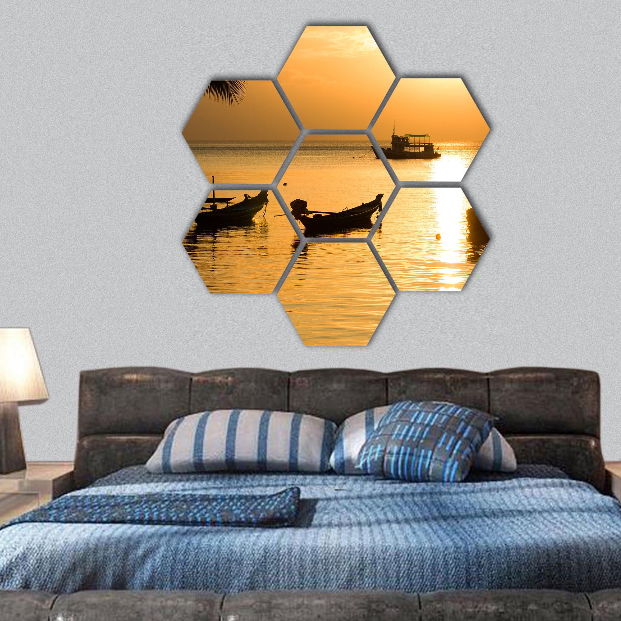 Sunset with palm on tropical beach Thailand hexagonal canvas wall art