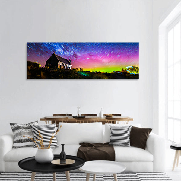 Star trails Aurora light at Church of Good, Lake Tekapo, Panoramic Canvas Wall Art